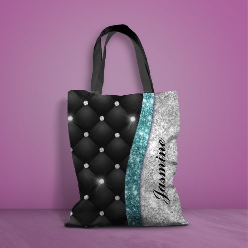 Chic girly faux Silver glitter black teal monogram Tote Bag