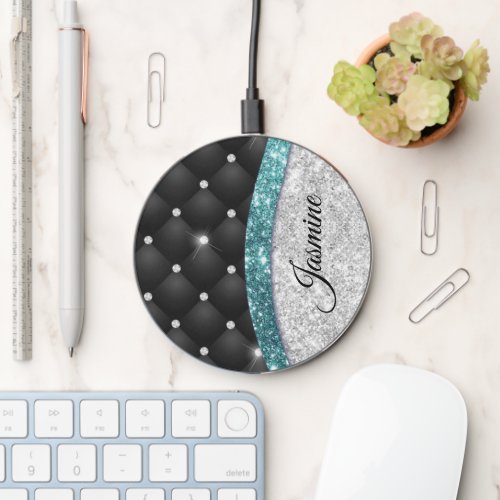 Chic girly faux Silver glitter black teal monogram Wireless Charger