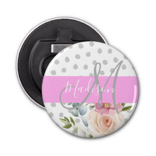 Chic & Girly Floral White Pink Gray Monogram Name Bottle Opener