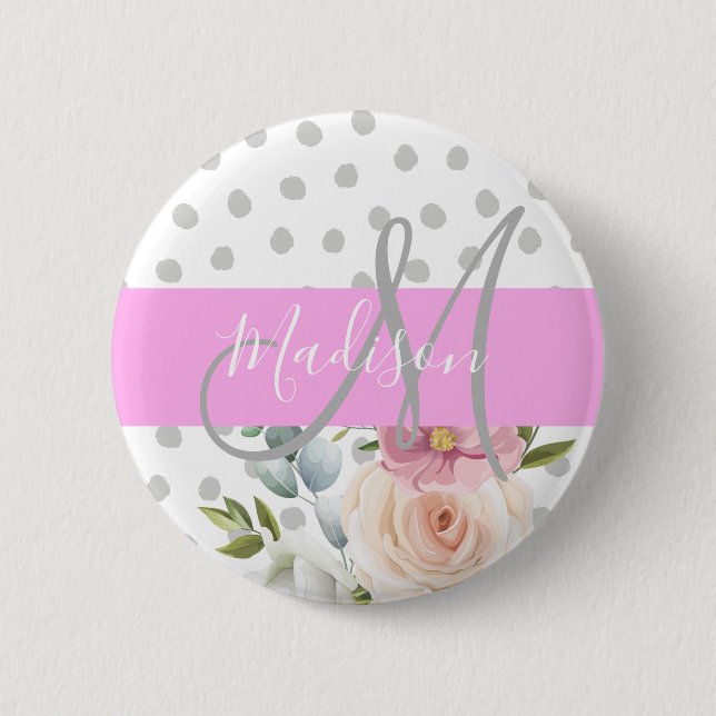 Chic & Girly Floral White Pink Gray Monogram Name Button (Front)