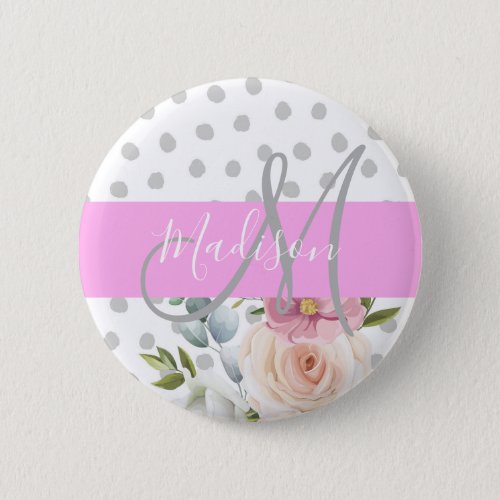 Chic  Girly Floral White Pink Gray Monogram Name Button