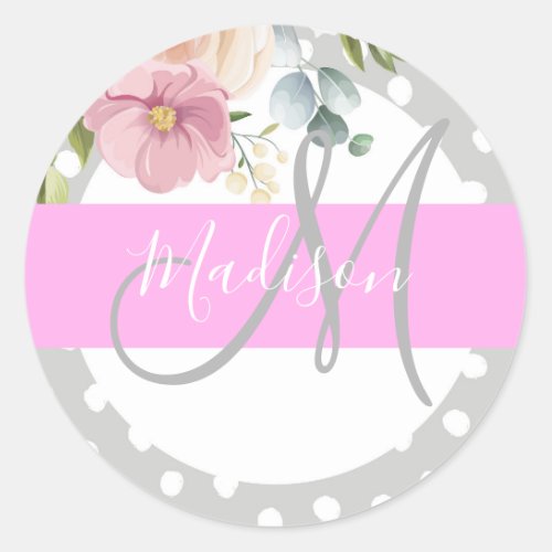 Chic  Girly Floral White Pink Gray Monogram Name Classic Round Sticker