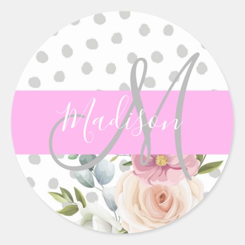 Chic  Girly Floral White Pink Gray Monogram Name Classic Round Sticker