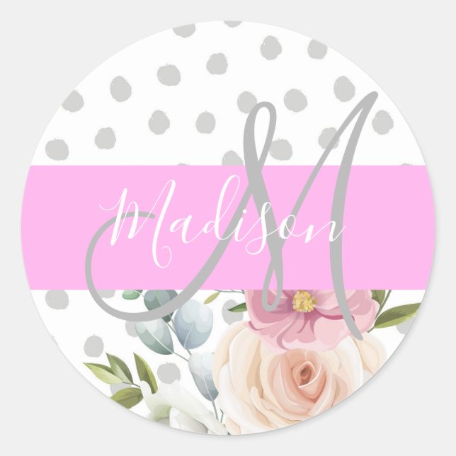 Chic & Girly Floral White Pink Gray Monogram Name Classic Round Sticker (Front)