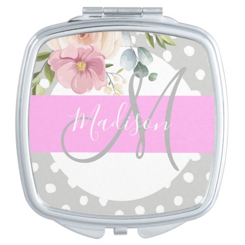 Chic  Girly Floral White Pink Gray Monogram Name Compact Mirror