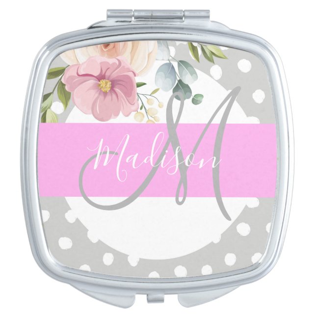 Chic & Girly Floral White Pink Gray Monogram Name Compact Mirror (Front)