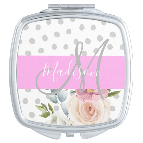 Chic  Girly Floral White Pink Gray Monogram Name Compact Mirror