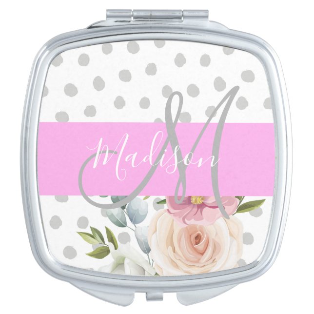 Chic & Girly Floral White Pink Gray Monogram Name Compact Mirror (Front)