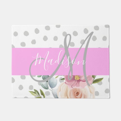 Chic  Girly Floral White Pink Gray Monogram Name Doormat