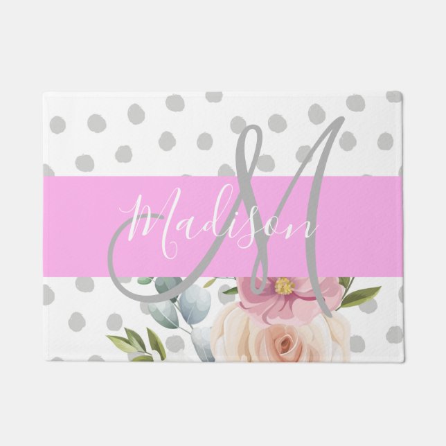 Chic & Girly Floral White Pink Gray Monogram Name Doormat (Front)