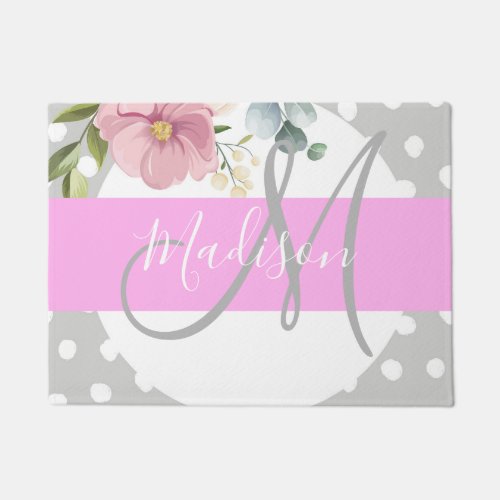 Chic  Girly Floral White Pink Gray Monogram Name Doormat