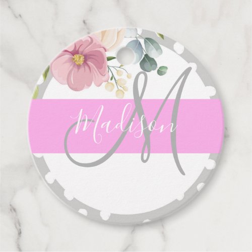 Chic  Girly Floral White Pink Gray Monogram Name Favor Tags