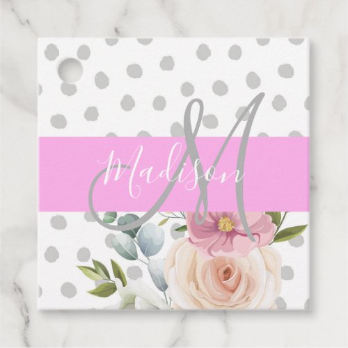 Chic  Girly Floral White Pink Gray Monogram Name Favor Tags