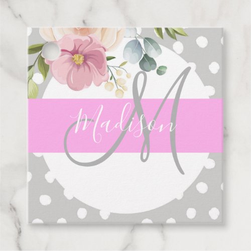 Chic  Girly Floral White Pink Gray Monogram Name Favor Tags