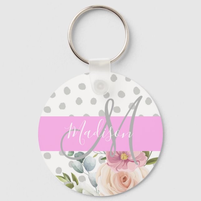 Chic & Girly Floral White Pink Gray Monogram Name Keychain (Front)