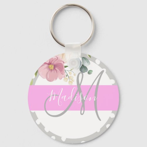 Chic  Girly Floral White Pink Gray Monogram Name Keychain