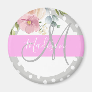 Chic & Girly Floral White Pink Gray Monogram Name Magnet