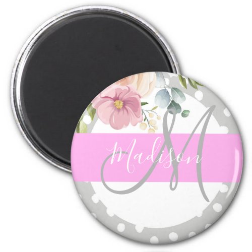 Chic  Girly Floral White Pink Gray Monogram Name Magnet