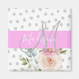 Chic & Girly Floral White Pink Gray Monogram Name Magnet