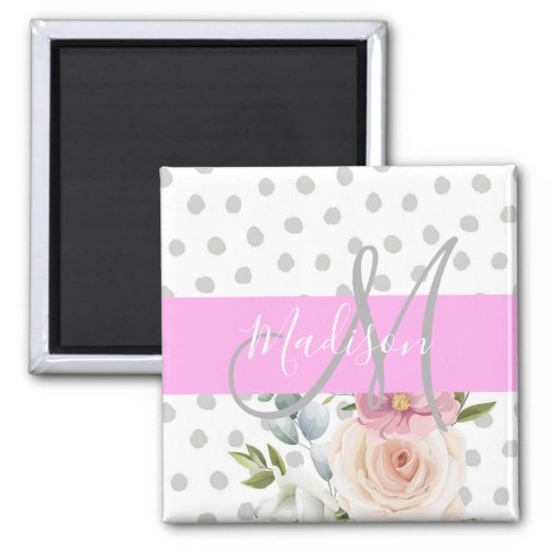 Chic  Girly Floral White Pink Gray Monogram Name Magnet