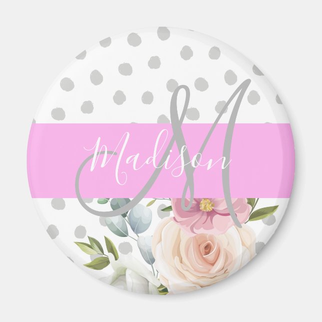 Chic & Girly Floral White Pink Gray Monogram Name Magnet (Front)