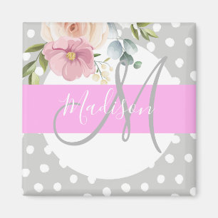 Chic & Girly Floral White Pink Gray Monogram Name Magnet