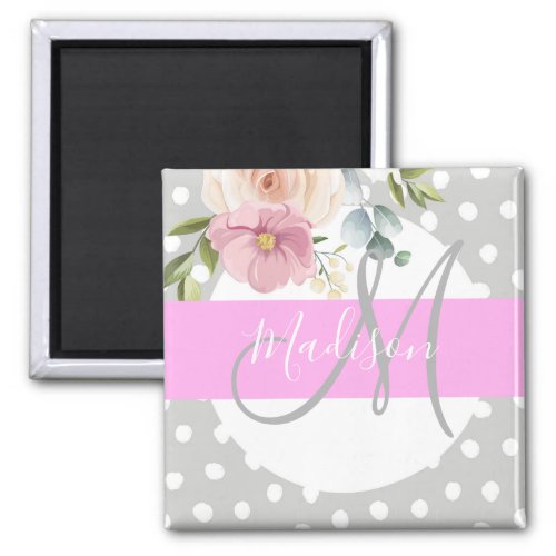 Chic  Girly Floral White Pink Gray Monogram Name Magnet