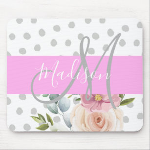 Chic & Girly Floral White Pink Gray Monogram Name Mouse Pad