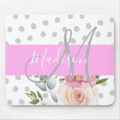 Chic  Girly Floral White Pink Gray Monogram Name Mouse Pad