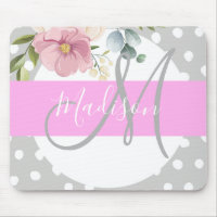 Chic & Girly Floral White Pink Gray Monogram Name