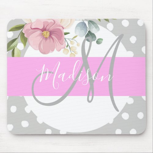 Chic  Girly Floral White Pink Gray Monogram Name Mouse Pad