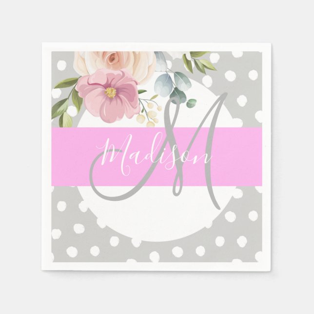 Chic & Girly Floral White Pink Gray Monogram Name Napkins (Front)
