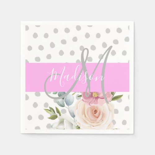 Chic  Girly Floral White Pink Gray Monogram Name Napkins