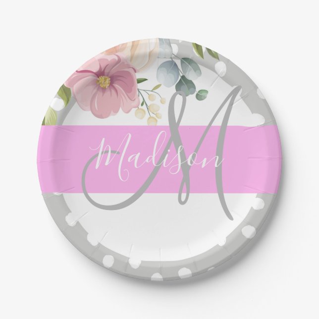 Chic & Girly Floral White Pink Gray Monogram Name Paper Plates (Front)