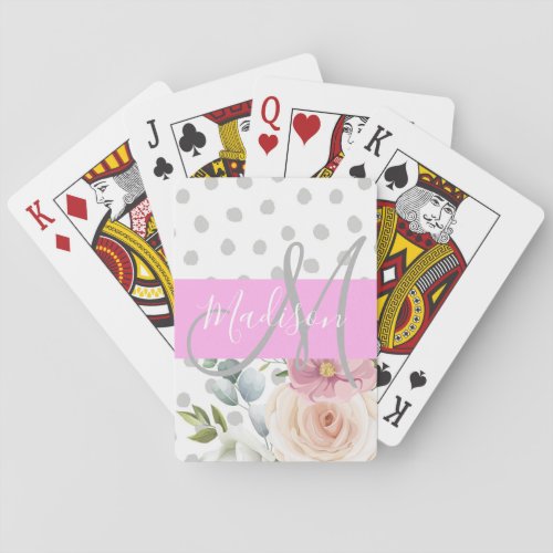 Chic  Girly Floral White Pink Gray Monogram Name Playing Cards