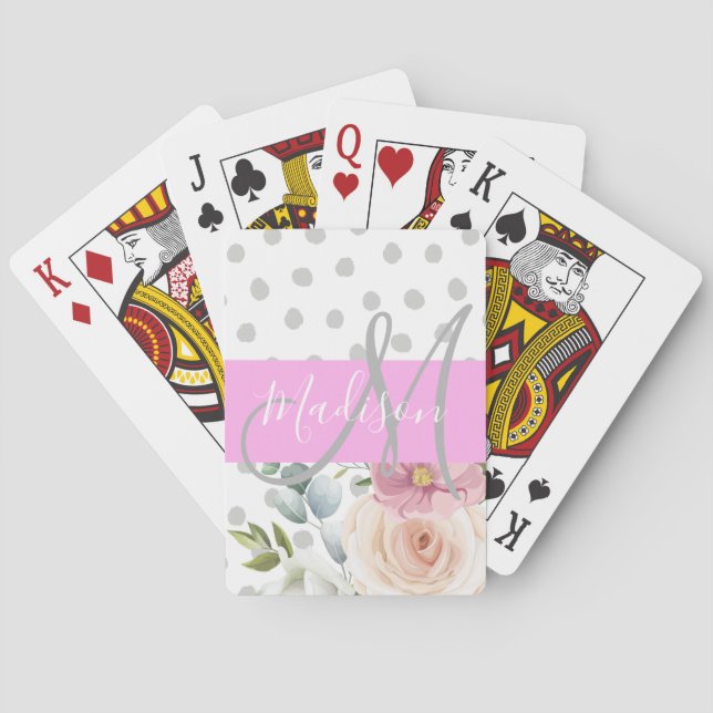 Chic & Girly Floral White Pink Gray Monogram Name Poker Cards (Back)