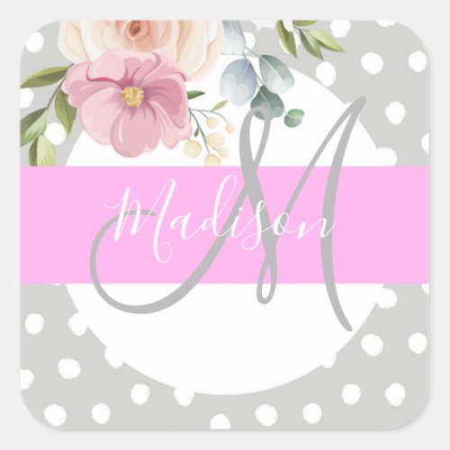 Chic  Girly Floral White Pink Gray Monogram Name Square Sticker