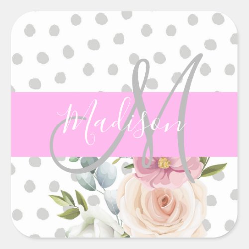 Chic  Girly Floral White Pink Gray Monogram Name Square Sticker
