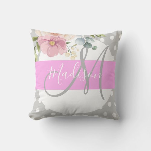 Chic  Girly Floral White Pink Gray Monogram Name Throw Pillow