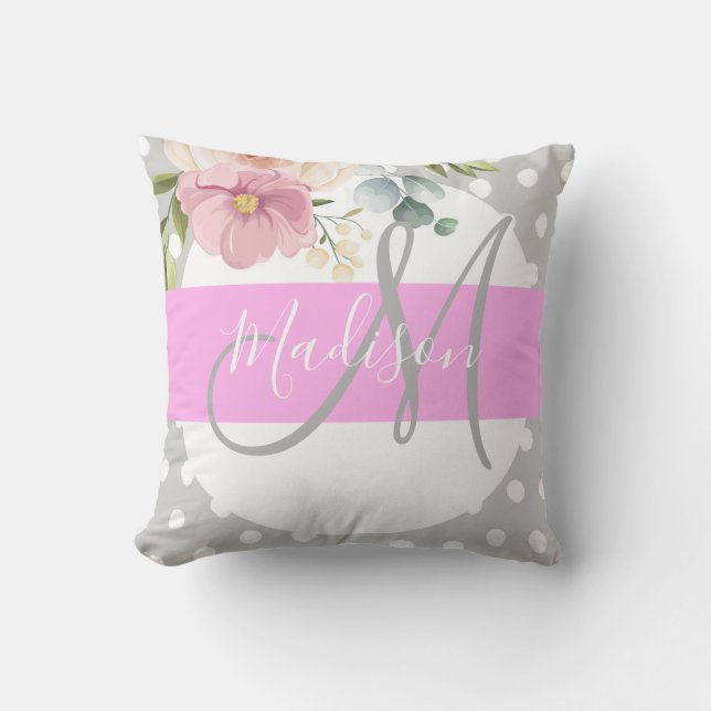 Chic & Girly Floral White Pink Gray Monogram Name Throw Pillow (Front)