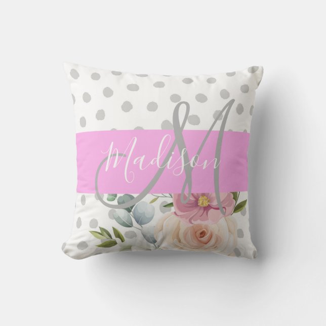 Chic & Girly Floral White Pink Gray Monogram Name Throw Pillow (Front)