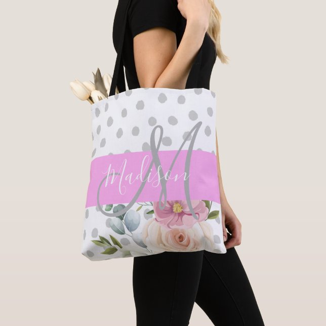 Chic & Girly Floral White Pink Gray Monogram Name Tote Bag (Close Up)