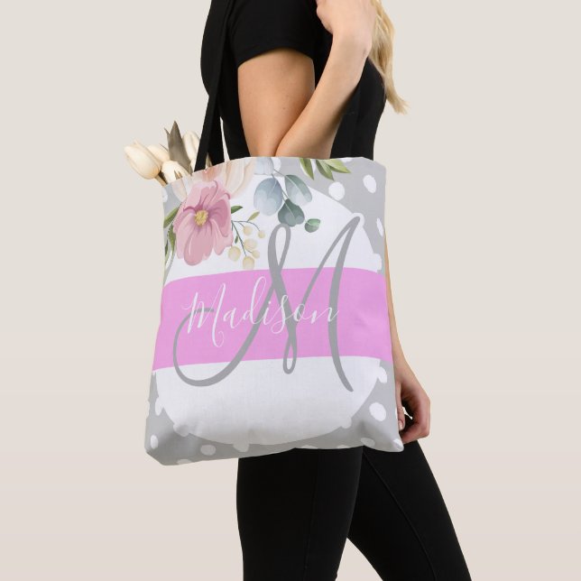Chic & Girly Floral White Pink Gray Monogram Name Tote Bag (Close Up)