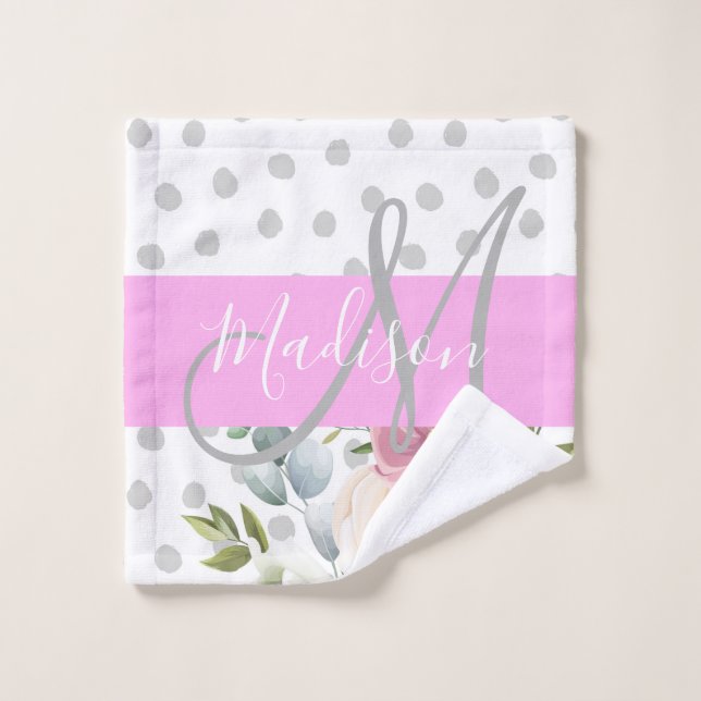 Chic & Girly Floral White Pink Gray Monogram Name Wash Cloth (Wash Cloth)