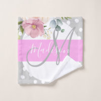 Chic & Girly Floral White Pink Gray Monogram Name