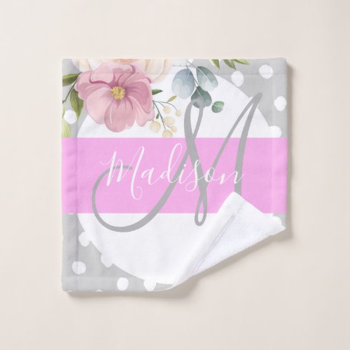 Chic  Girly Floral White Pink Gray Monogram Name Wash Cloth