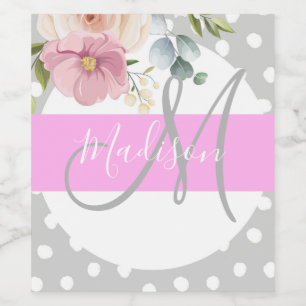 Chic & Girly Floral White Pink Gray Monogram Name Wine Label