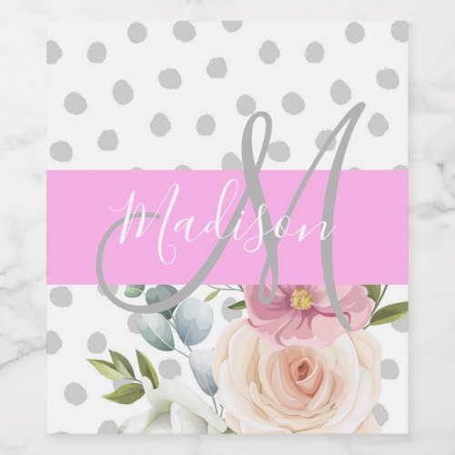 Chic  Girly Floral White Pink Gray Monogram Name Wine Label