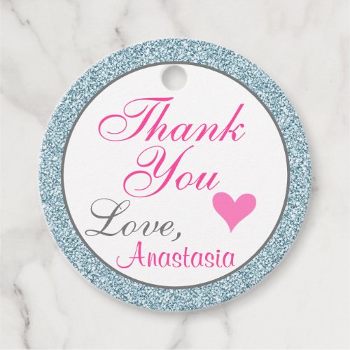 Chic Girly Glam Pink Light Blue Glitter Thank You Favor Tags