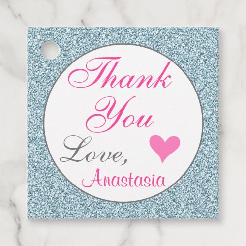 Chic Girly Glam Pink Light Blue Glitter Thank You Favor Tags